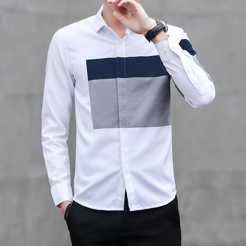 New Design Man Shirt Long Sleeve Casual Slim Patchwork 2018 Spring Autumn Mens Dress Shirts Male Handsome Comfortable Clothing